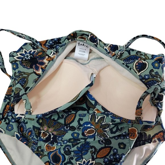 Tahiti boho floral one piece swimsuit floral blue yellow tan size Large 12-14 - Picture 3 of 6